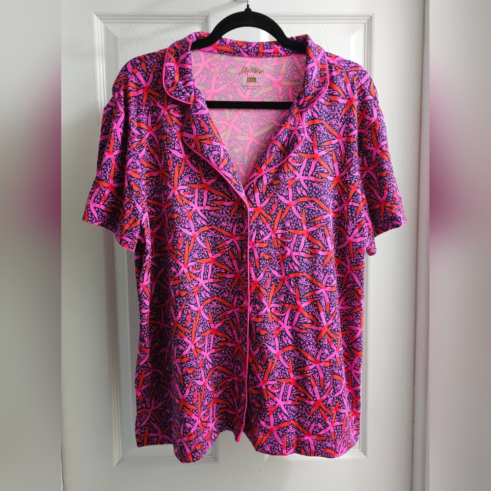 Lilly Pulitzer Pajama Knit Button-Up Top - Passion Fruit Pink Star Searching XXL